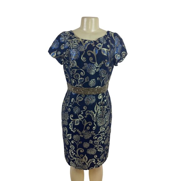 Carmen Marc Valvo Blue & Gold Floral Cocktail Dress With Beaded Waistband Sz 10 - Picture 1 of 8